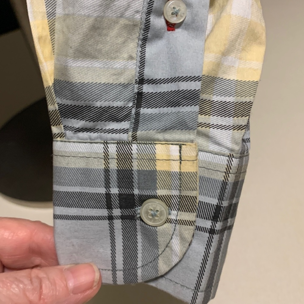 Upcycled “Find Peace Within”Yellow Graphic Tee with plaid Plaid Sleeves - Picture 4 of 7